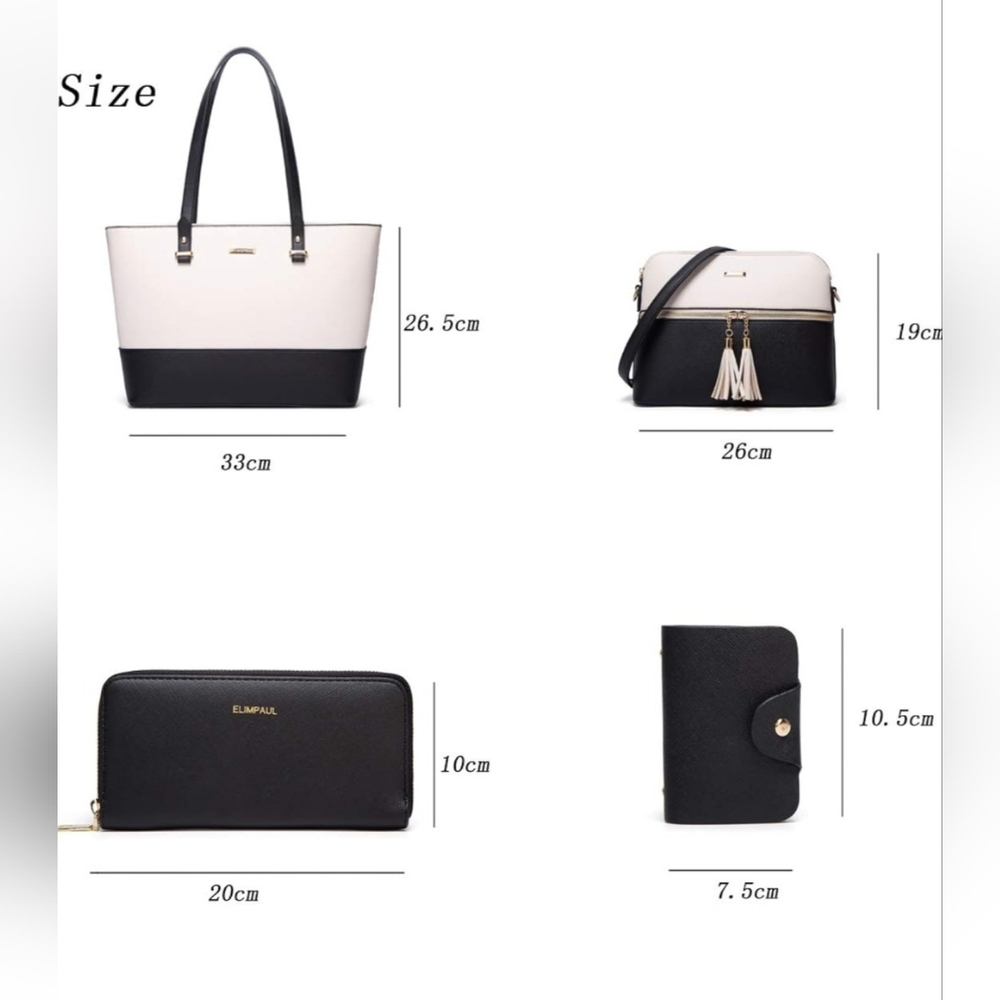 All NEW 4 Piece Purse SET Black/Ivory Faux Leather Tote, Shoulder Bag Bundle - Picture 7 of 13
